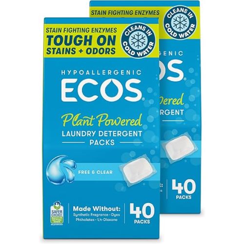 ECOS Laundry Detergent Packs, 80 Loads - 100% Plastic Free Packaging - Convenient No Mess Washing Soap Packs - Hypoallergenic for Sensitive Skin - Free & Clear