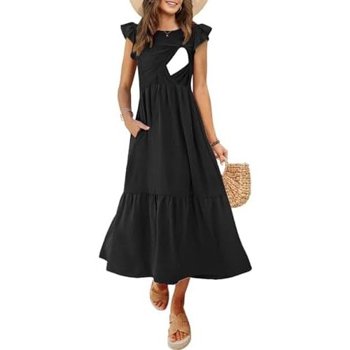 Women's Nursing Dress Flutter Short Sleeve Crew Neck Smocked Elastic Waist Tiered Midi with Pockets