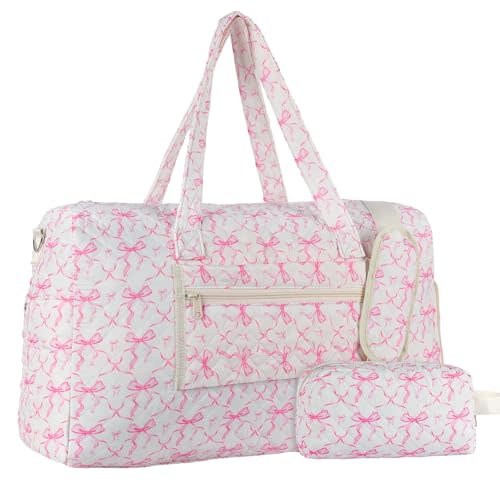 Quilted Duffle Bag with Shoe Compartment, Floral Travel Bag with Cosmetic Pouch, Hospital Bag for Women Labor Delivery, Weekender Carry On Bag, Large Travel Duffle Bag for Women, Pink Bow
