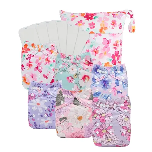 Babygoal Baby Cloth Diaper 6 Pack with 6pcs Inserts and Wet Bag for Fitted Diapers and Prefolds, Adjustable and Reusable Covers for Toddler Boys and Girls