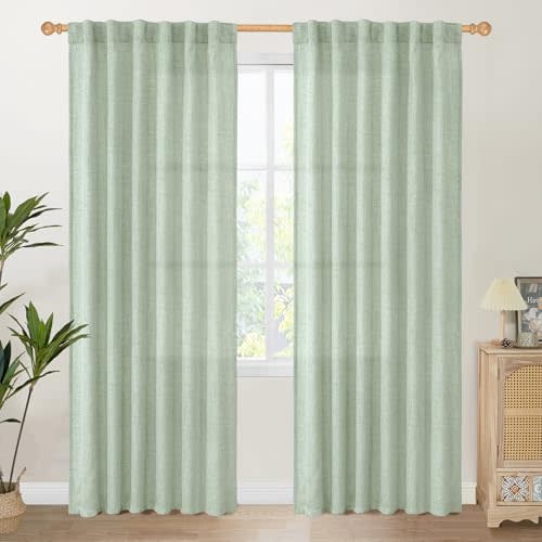 YoungsTex Sage Green Linen Curtains 80 Inch Length for Living Room, Semi Sheer Drapes Light Filtering with Back Tab Rod Pocket for Bedroom Spring Window Treatments, 52 X 80 Inch, 2 Panels