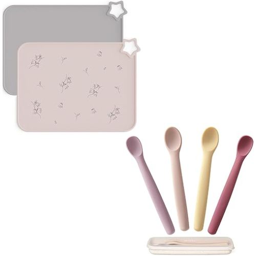 Moonkie Baby Mealtime Essentials Bundle | Silicone Placemats & Baby Spoons Set | Non-Slip Stain-Resistant Food Mats (2 Pack) & 4 Bendable First Stage Feeding Spoons with Case | BPA-Free, Chewproof & P