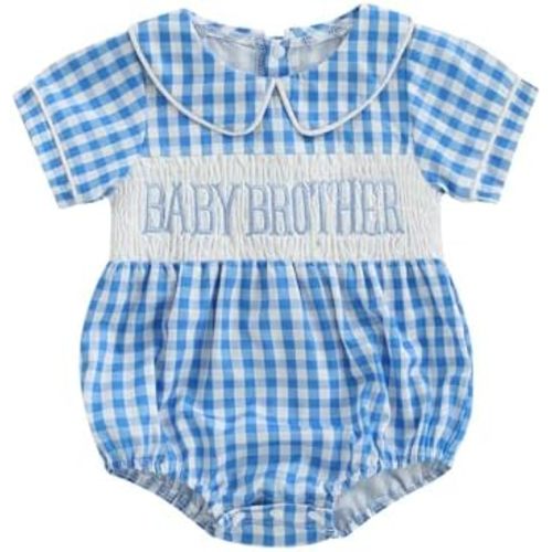 Baby Brother Romper Infant Boy Letter Print Bubble Rompers Gingham Babydoll Collar Short Sleeve Smocked Bodysuit
