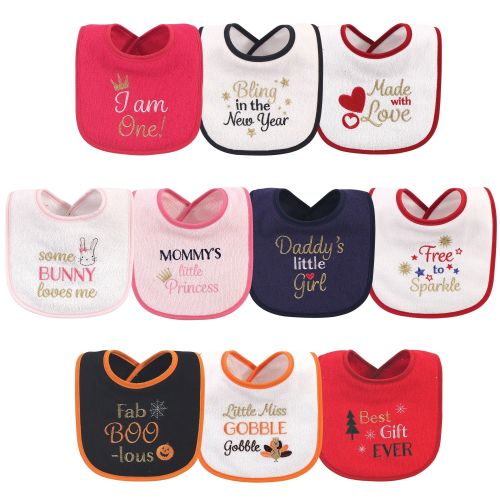 Hudson Baby Infant Girl Cotton Terry Drooler Bibs with Fiber Filling 10pk, Holiday Girl I Am One, One Size