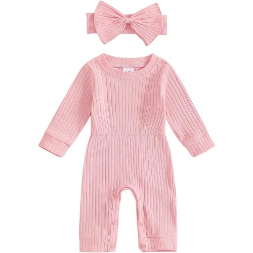 Winioder Newborn Baby Girl Fall Clothes Ribbed Long Sleeve Romper Jumpsuit with Headband Infant 2Pcs Coming Home Outfit