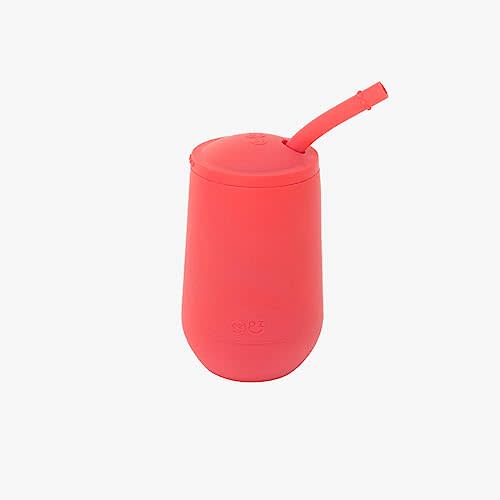 ezpz Happy Cup + Straw System (Coral) - 24 months+ - 100% Silicone Cup + Straw for Older Toddler + Preschoolers - Designed by a Pediatric Feeding Specialist