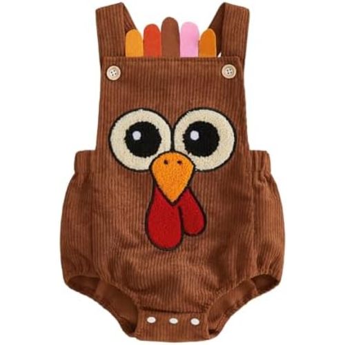 Baby Girl Boy Thanksgiving Outfit Turkey Embroidery Corduroy Romper 0-18M