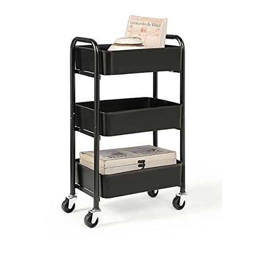 SunnyPoint 3-Tier Delicate Compact Rolling Metal Storage Organizer - Mobile Utility Cart Kitchen/Under Desk Cart with Caster Wheels - BLK (15.35" X 10.24" X 26.8"H)