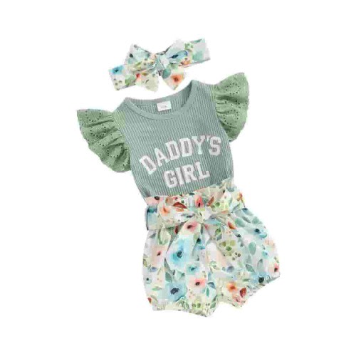 Suealasg Newborn Girls Outfit 3M 6M Fly Sleeve Letter Print Romper Dress Elastic Waist Floral Print Shorts Headband Set 3Pcs Baby Girl Summer Clothes Set