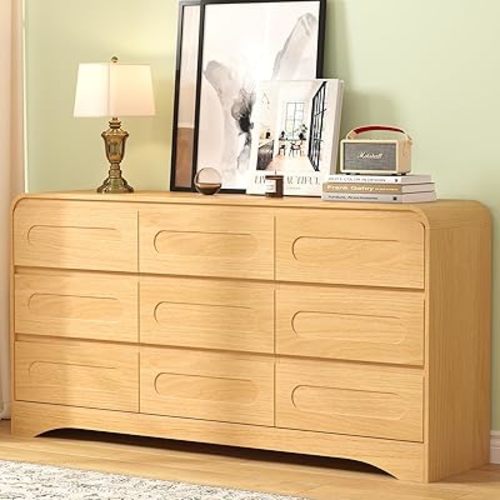 Dresser for Bedroom with 9 Drawers, 63" Long Modern Wood Chest of Drawers with Pre-Installed Slides, Large Storage Cabinet with Curved Design for Bedroom, Natural Oak