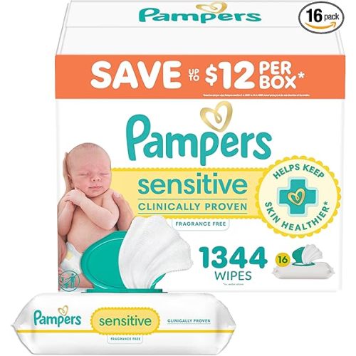 Pampers Sensitive Baby Wipes, 16 Flip-Top Packs, Water Based Wipe, Clinically Proven, Hypoallergenic, and Unscented for Babies, 1344 Wipes Total [Packaging May Vary]