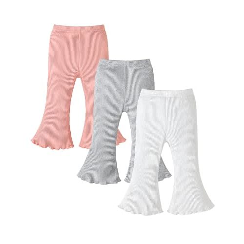Coaturi 3 Pack Baby Girl Pants: Infant Solid Ribbed Flare Pants Cotton Pull On Bottoms Leggings for Toddler 0-24 Months