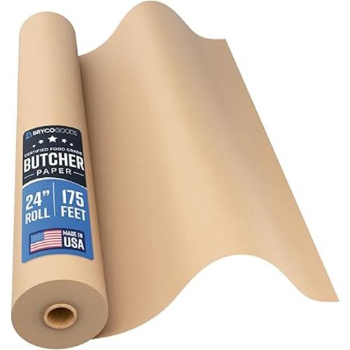 Bryco Goods 24 Inch x 175 Feet, Brown Butcher Paper Roll, Unbleached, Uncoated, Unwaxed, Food-Grade, Wide Kraft Paper for BBQ, Smoking, Grilling, Wrapping Meat, Table Covering - USA Made