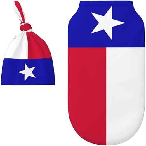 Texas Lone Star State Flag Pattern Baby Newborn 100% Cotton Swaddle Blanket with Beanie Hat Set Cotton Receiving Blankets Sleep Sack for Girls Boys Infant Gifts