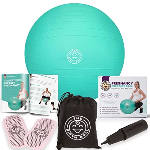 The Birth Ball - Birthing Ball for Pregnancy & Labor - 18 Page Pregnancy Ball Exercises Guide by Trimester - Non Slip Socks - How to Dilate, Induce, & Reposition Baby for Mom