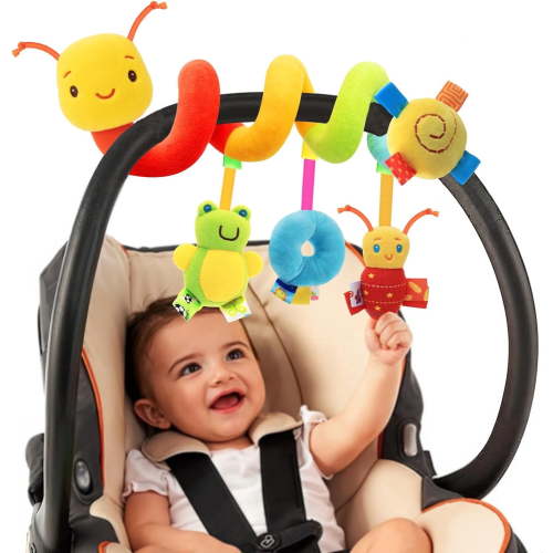 Car Seat Toys for Babies, 0-6 Months Stroller Activity Black White Baby Spiral Plush Toys Newborn High Contrast Sensory Carseat Toys with 4 Pendants Hanging Boys Girls Gift