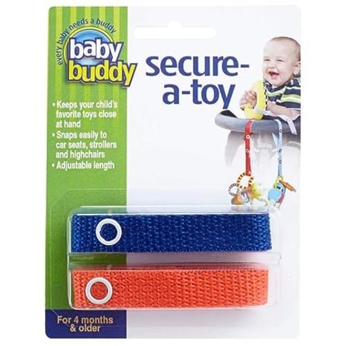 Baby Buddy Secure-A-Toy, Safety Strap Secures Toys, Teether, or Pacifiers to Strollers, Highchairs, Car Seats, Adjustable Length to Keep Toys Sanitary Clean, Registry Must Haves, Royal-Orange, 2 Count - Royal/Orange