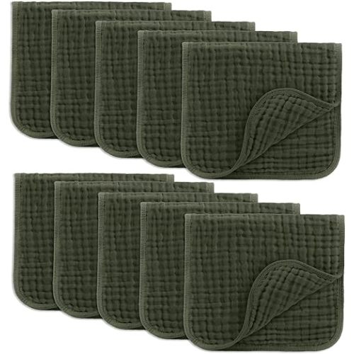 Comfy Cubs Muslin Burp Cloths Set (20”X10”, Pack of 10) - Large, 6-Layer, Ultra Absorbent 100% Cotton for Baby Spit-Up, Drool, and Messes - Soft, Gentle - Great, (Kelp)