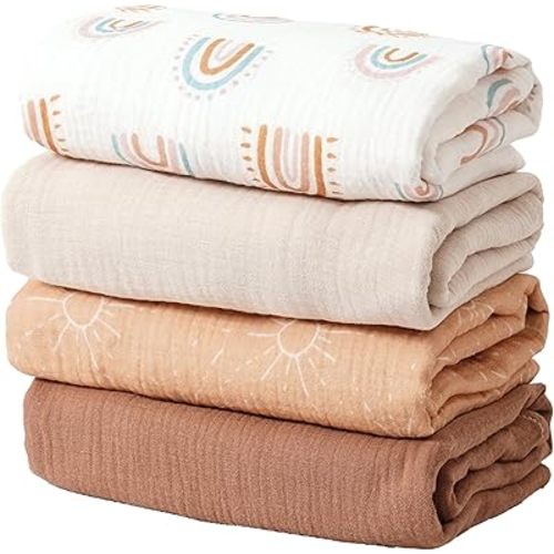 Happy Flute 4Set Muslin Swaddle Blankets–Ultra Soft Baby Blanket for Newborns,Receiving Blankets for Baby Girls & Boys–Baby Essentials 0-3 Years,40x40inches (Sun)