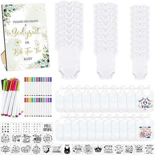 Panitay 100 Pcs Blank Bib Bodysuit Baby Shower Set Baby Shower Sign Blank Feeder Bib DIY Bodysuit Fabric Colorful Marker(Greenery)