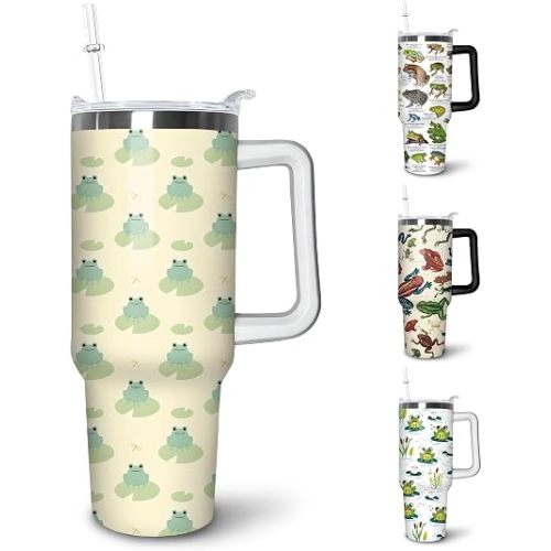 40 oz Frog Tumbler With Handle and Straw, 40oz Insulated Stainless Frog Tumbler Coffee Travel Mugs Cup Water Bottle Frog Lovers Gifts for Women Girls