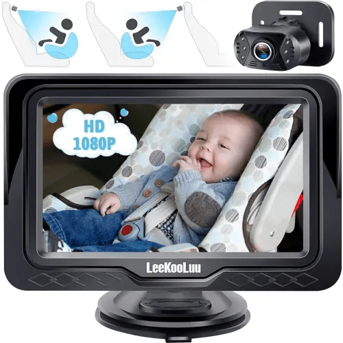 Baby Car Camera Ease Installation - Gift for Newborn Protect Baby's Eyes Color Image Clear Night Vision HD 1080P No-Sloshing Hide Lights 150° Wide View Angle for 3 Kids - LK12