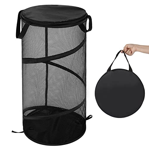 BATTOO Large Collapsible Laundry Basket with Lid Foldable Mesh Pop Up Hamper with Handles for Laundry Room, Bathroom, Kids Room, College Dorm, Travel, Storage Organizer Black