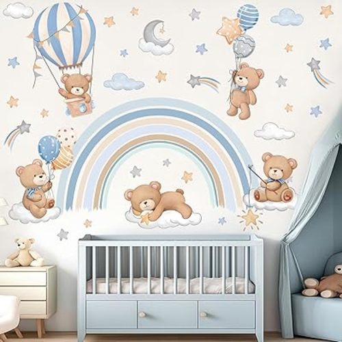 decalmile Rainbow Animal Wall Decals Hot Air Balloon Animals Bear Clouds Wall Stickers Baby Nursery Kids Bedroom Living Room Wall Decor