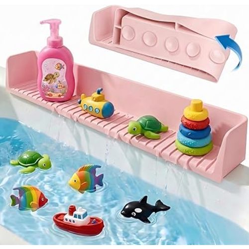 Bathtub Splash Guard for Tub Kids, Silicone Bath Toy Holder & Tub Side Tray with Suction Cups, Bath Tub Shelf for Kids, Bathtub Toy Storage, Pink