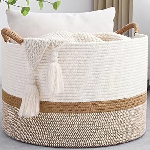 67L Large Blanket Basket, 20"x13" Woven Storage Baskets With Handle, Cotton Rope Blanket Basket Living Room, Baby Laundry hamper for Blanket, Nursery, Toy, Pillow (White & Brown)
