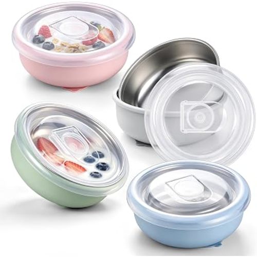 LIANYU 4 Pack Baby Bowls with Suction & Lids, Stainless Steel Kids Bowls