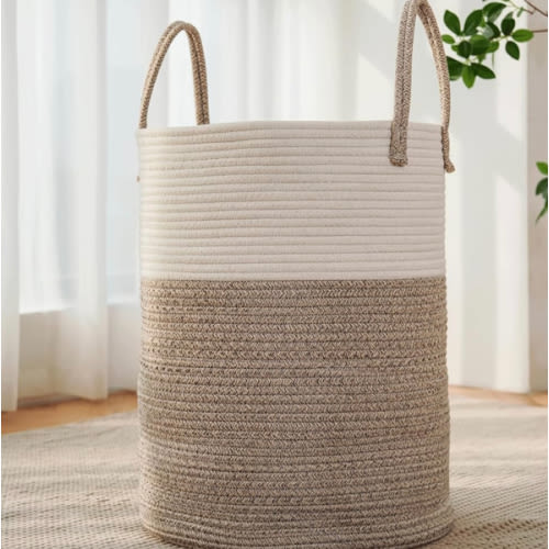 Large Woven Laundry Basket Hamper,60L Cotton Rope Storage Bin for Blankets,Toys and Clothes,Decorative Tall Nursery Hamper for Living Room,Baby Nursery,Bathroom and Bedroom,Brown
