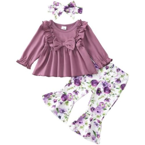 Toddler Baby Girl Clothes Fall/Winter Girls Outfits Ruffle Long Sleeve Tops Floral Flared Pants Girls' Clothing Sets