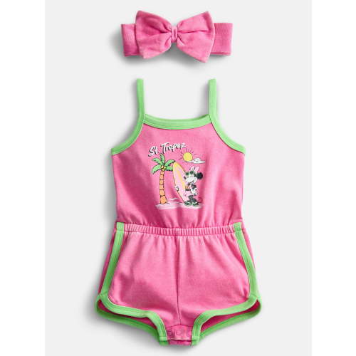 Minnie Mouse Baby Girls Sleeveless Graphic Romper with Matching Bow Headband, Sizes 0/3M-24M