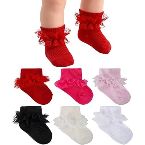 Baby Girl Ruffle Socks Non Slip Grips Cute Cotton Lace Frilly Ankle Pageant Dress Socks Newborn Infant Preemie 0-3 Months (black,beige,pink,red,white,off white)