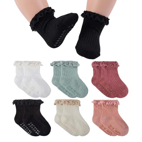 Baby Girl Ruffle Socks Non Slip Grips Cute Cotton Lace Ankle Pageant Dress Socks Newborn Infant Preemie 0-3 Months