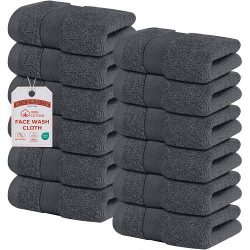 RIVERSIDE 12 Pack Cotton Face Towels 12x12 Ultra Soft & Absorbent Wash Cloths for Gym and Spa - Charcoal