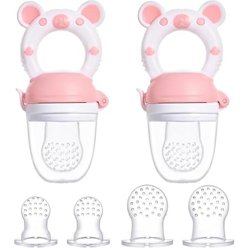 JOCHEBED Baby Fruit Food Feeder Pacifier, Silicone Teething Relief Toy, 2-Pack with 6 BPA-Free Pouches, Light Pink, 3-24 Months