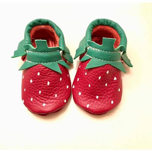 Baby Moccasins, Strawberry Baby Moccasins, Strawberry Baby shoes, Strawberry Party, Genuine Leather