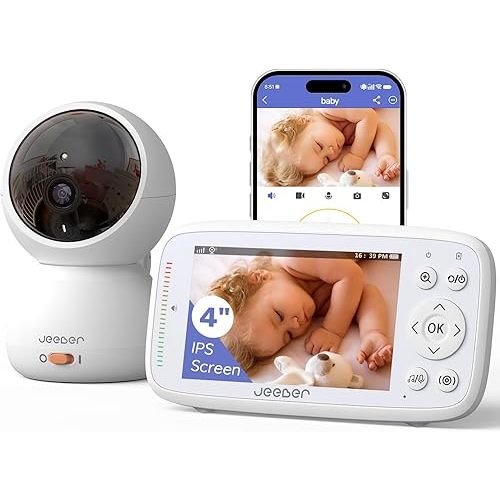 jeeber 1080P WiFi Baby Monitor with Camera and Audio, Pan-Tilt-Zoom Video Camera, 4'' IPS Screen, HD Night Vision, Motion & Cry Detection, 360° View, Temperature Sensor, Feeding Reminder, Lullabies