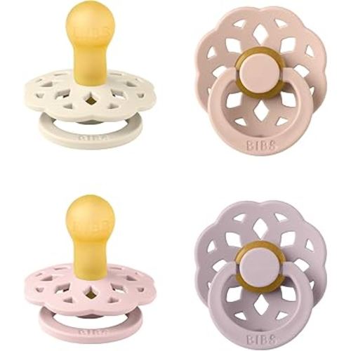 BIBS Boheme Soother 4-Pack. BPA Free Dummy Pacifier, Round Nipple. Natural Rubber Latex, Made in Denmark, Size 1 (0-6 Months), Dusky Lilac Mix
