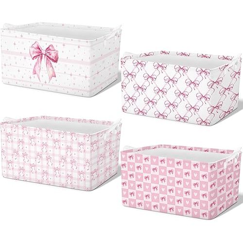 4 Pcs Pink Bow Storage Basket for Gifts Collapsible Girls Coqutte Pink Storage Bins with Handle Cute Preppy Foldable Laundry Organizer for Home Bathroom Bedrooms Baby Clothes Toys Books