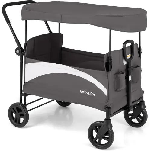 BABY JOY Collapsible Wagon Stroller for 2 Kids & Cargo, Push Pull Double Stroller w/Adjustable Handle Bar, Removable Canopy, Safety Harness, All Terrain Wheels, Foot Brake, Storage Pockets (Gray)