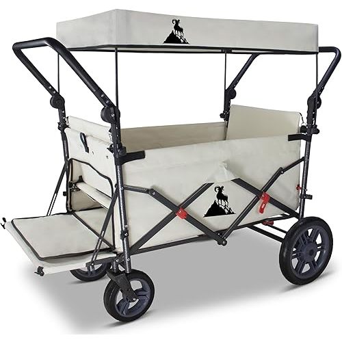 Collapsible Wagon with Removable Canopy | 265LBS Capacity | Dual Foldable Seats | All-Terrain Utility Cart for Camping, Groceries, Beach & Outdoor Adventures (Beige)