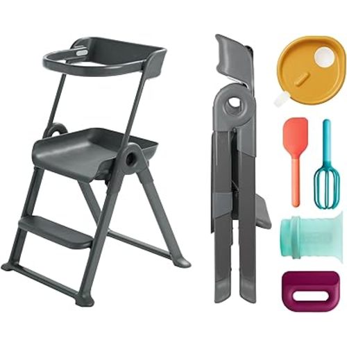 Boon Pivot Toddler Tower and Intro Kids Kitchen Accessories Bundle - Kids Cooking Set and Folding Step Stool - Gray - Kids Kitchen Set Includes Measuring Cup, Egg Cracker, Whisk, Chopper, and Spatula