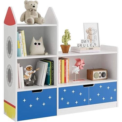 Kids Bookshelf and Toy Storage Organizer, Rocket-Shaped Children’s Bookcase with Drawers and Cabinet, Multi-Tier Wooden Toddler Bookshelf for Playroom, Nursery, Kids Room