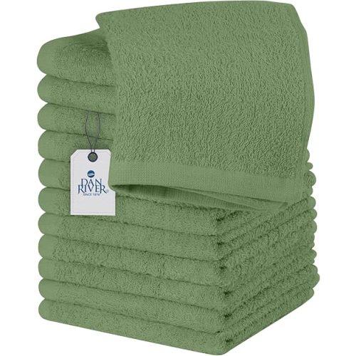 DAN RIVER 12 Pack Wash Cloths for Showering [12x12] - 100% Cotton Washcloths Premium Quality Flannel Face Cloths for Bathroom, Highly Absorbent and Soft Feel Wash Clothes, Sage Green