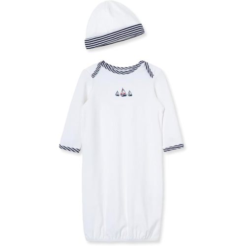 Little Me Clothes for Baby Boys' 2-Piece Nightgown and Cap Set Scratch Free Tag Elastic Bottom, Sailboats, 0-3 Months White