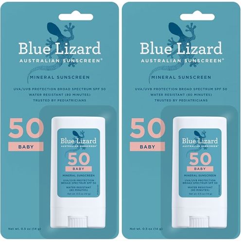 Blue Lizard BABY Mineral Sunscreen Stick with Zinc Oxide,SPF 50+,Water Resistant,UVA/UVB Protection - Easy to apply,Fragrance Free,.5 oz,(Pack of 2)