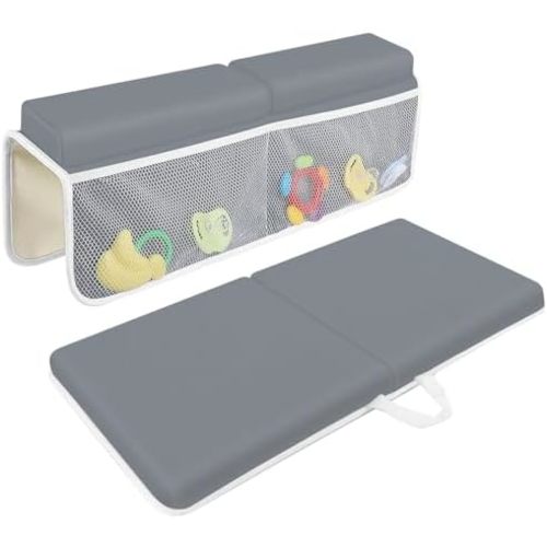 JJGoo Bath Kneeler with Elbow Rest Pad Set, 1.5 inch Kneeling Pad Mat for Bathtub Baby Bathing Parents, Painless Foam Mat with Toy Organizer Pockets, Non-Slip for Baby and Toddler Bathing,Dark Grey